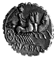 denar- L. Mussidus Longus 42 pne, Aw: Głowa Wenu