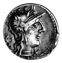 denar- L. Opimius 131 pne, Aw: Głowa Romy w prawo