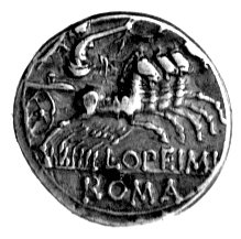 denar- L. Opimius 131 pne, Aw: Głowa Romy w praw