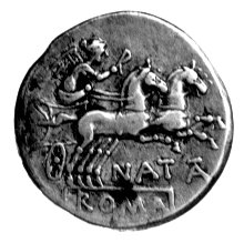 denar- Pinarius Natta 149 pne, Aw: Głowa Romy w prawo
