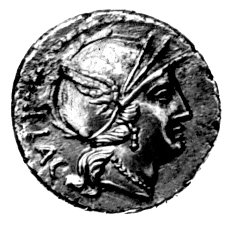 denar- L. Rutilius Flaccus 77 pne, Aw: Głowa Rom