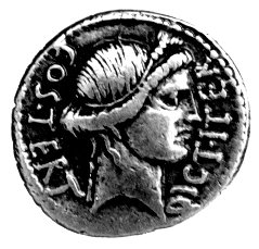 denar- Allienus na Sycylii, 46 pne, Aw: Głowa Ceres w prawo i napis: COS TERT. DIC. ITER