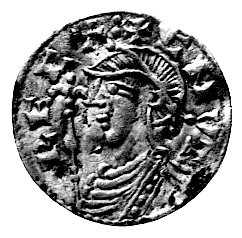 Knut II 1016-1035, denar, mennica w Norwich, Aw: Popiersie w hełmie z berłem i w płaszczu w lewo, wokół napis: CNVT RECX, Rw: Mały podwójny krzyż i napis w otoku: SIRIC O NORFP (Sivic w Norwich), North 799, 1.18 g.