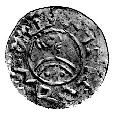 Wratisław II 1086-1092, denar, Aw: Półpostać na wprost, głowa w prawo i napis: WRATIZLVS, Rw: Ręka z lancą w lewo i napis w otoku: WENCEZLAVS, Cach 354, 0.74 g.