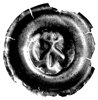 Wacław II król czeski, brakteat bity przed 1300 r., Postać na wprost z berłem i palmą w dłoniach, Cach 863, 0.45 g.