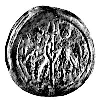 denar, Aw: Rycerz z włócznią i tarczą i obok postać z księgą, Rw: Krzyż równoramienny i napis: ADALBIBVS, Str.38, Such.3, 0.55 g.