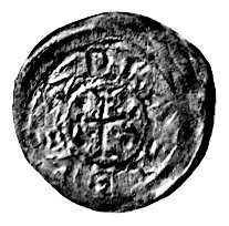 denar, Aw: Rycerz z włócznią i tarczą i obok postać z księgą, Rw: Krzyż równoramienny i napis: ADALBIBVS, Str.38, Such.3, 0.55 g.