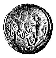 denar, Aw: Siedzący książe z mieczem, obok giermek i napis: SAVLZID, Rw: Rycerz walczący z lwem