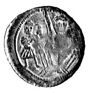 denar, Aw: Książe i giermek, Rw: Rycerz walczący z lwem, Str. 40, 0.59 g., zgięty