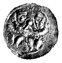denar, Aw: Rycerz z tarczą i chorągwią, Rw: Dwaj książęta za stołem trzymają wspólnie jabłko królewskie, Str.59, 0.52 g.