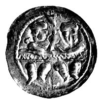 denar 1157-1166, Aw: Rycerz z tarczą i chorągwią w rękach, w polu X, Rw: Dwaj książęta za stołem trzymają jabłko kró- lewskie, Str.59, Such.2, 0.52 g.