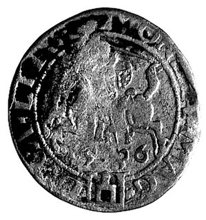 grosz 1536, Wilno, pod Pogonią literka F, nienotowana odmiana napisu na awersie SIGISMV P REX PO M D LITVAN, Gum.517.