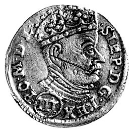 trojak 1580, Wilno, pod popiersiem III, na rewersie jako przerywniki małe kółeczka, Kurp. 280 R1, Gum. 752, mała rysa na twarzy króla.