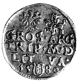 trojak 1580, Wilno, pod popiersiem III, na rewersie jako przerywniki małe kółeczka, Kurp. 280 R1, Gum. 752, mała rysa na twarzy króla.