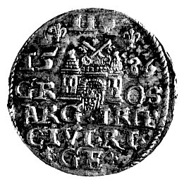 trojak 1586, Ryga, na awersie interpunkcja w postaci krzyżyków, Kurp. 455 R, Gum. 814.