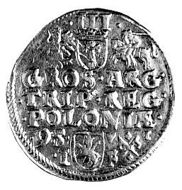 trojak 1595, Poznań, znak mincerza haki i literki V-I po prawej stronie herbu Lewart, Kurp. 802 R1, Wal. VI 15 R2.