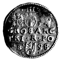 trojak 1598, Bydgoszcz, literka B z lewej strony herbu Lewart, Kurp. 1081 R1, Wal. XXXVII a 1 R1, rzadki.