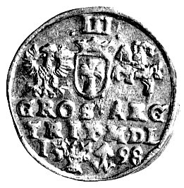 trojak 1598, Wilno, na rewersie znak mincerza - głowa wołowa i herb Chalecki, Kurp. 2146 R3, rzadki.