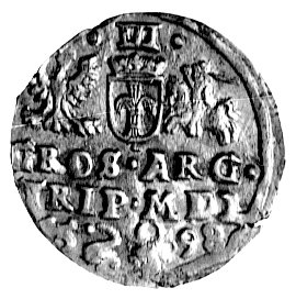 trojak 1598, Wilno, na rewersie herb Łabędż i znak mincerza - głowa wołowa, Kurp. 2148 R5, T. 20, bardzo rzadka moneta.