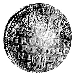 fałszerstwo prawdopodobnie XIX-wieczne trojaka koronnego z datą /15/96, awers typowy dla trojaka malborskiego, rewers dla trojaka olkuskiego, srebro wysokiej próby.