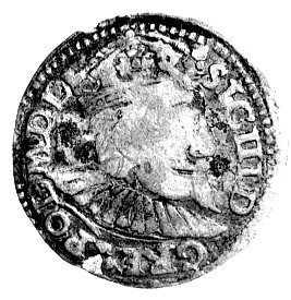 fałszerstwo z epoki trojaka koronnego z datą 1597 i herbem Chalecki, srebro niskiej próby.