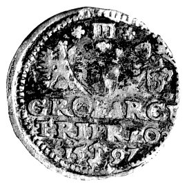 fałszerstwo z epoki trojaka koronnego z datą 1597 i herbem Chalecki, srebro niskiej próby.