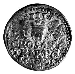 fałszerstwo z epoki trojaka koronnego z datą 1598 i herbem Lewart, podobny Wal. typ C, srebro niskiej próby.