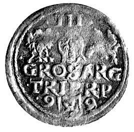 fałszerstwo z epoki trojaka koronnego z datą /15/9-9 i herbem Lewart, podobny Wal. XCVIII, srebro niskiej próby, patyna.