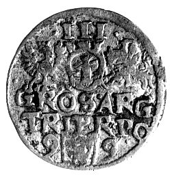 fałszerstwo z epoki trojaka koronnego z datą /15/9-9 i herbem Lewart Wal. XCVIII 7 ale nieco inny napis, srebro niskiej próby.