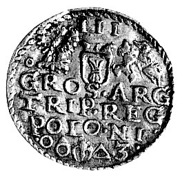 fałszerstwo z epoki trojaka koronnego z datą /16/0-3 i znakami mennicy malborskiej, srebro wysokiej próby.