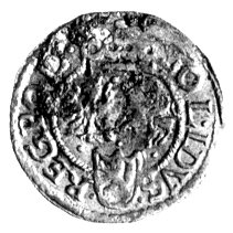 szeląg 1601, Wschowa, literka F po prawej stronie monogramu królewskiego, Kurp. 183 R4, Gum. 882, rzadki.