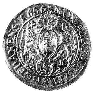 dukat 1656, Gdańsk, nad herbem Gdańska pięciolistna gałązka, H-Cz. 2089 R, Fr. 24, waga 3,52, patyna.