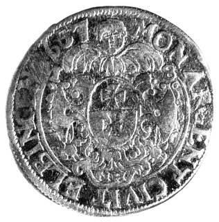 ort 1657, Elbląg, okupacja szwedzka, na awersie popiersie Karola X Gustawa, pod tarczą herbową literki NH, Ahlström 56a, Bahr. 9477.