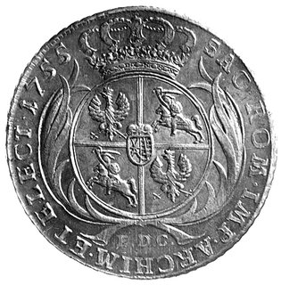 talar 1755, Lipsk, bardzo rzadko występujący typ małego popiersia króla w zbroi z upiętym na niej płaszczem, bardzo efektowny styl wykonania, Schnee 1037 typ e3, Dav. 1617, ładna stara patyna.