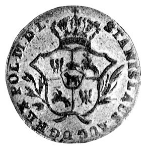 2 grosze srebrne 1773, Warszawa, ostatnia cyfra daty przerobiona na stemplu z 2 i wygląda jak 5, niżej literki AP, Berezowski 191, rzadkie.