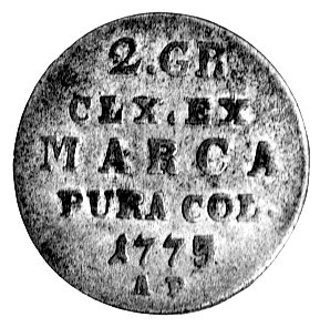 2 grosze srebrne 1773, Warszawa, ostatnia cyfra daty przerobiona na stemplu z 2 i wygląda jak 5, niżej literki AP, Berezowski 191, rzadkie.