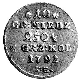 10 groszy miedzianych 1791, Warszawa, Plage 236, ładny egzemplarz.