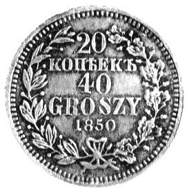 20 kopiejek = 40 groszy 1850, Warszawa, Plage 396.