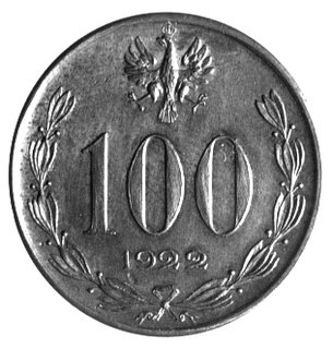 100 bez nazwy /marek/ 1922, Józef Piłsudski, Parchim, P-166c, wybito 100 sztuk, brąz, 9,17g, patyna, wyśmienity egzemplarz.