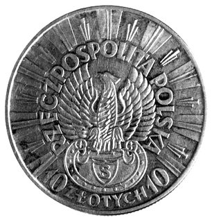 10 złotych 1934, Orzeł Strzelecki, napis PRÓBA na rewersie, Parchimowicz P-158a, wybito 100 sztuk, srebro, 21,91g.