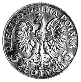 5 złotych 1934, Głowa kobiety, wklęsły napis PRÓBA na awersie, nienotowany rocznik, nakład nieznany, srebro, 8,80g, patyna, duża rzadkość.