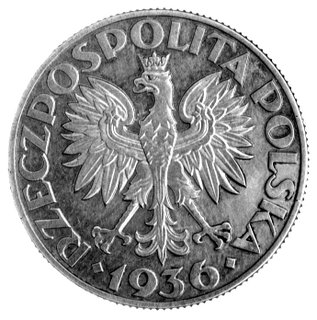 5 złotych 1936, Żaglowiec, napis PRÓBA na rewersie, Parchimowicz P-148a, wybito 110 sztuk, srebro, 10,96g.