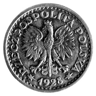 1 złoty 1928, znak mennicy warszawskiej na rewersie, Parchimowicz P-127b, wybito 105 sztuk, brąz, 6,97g, patyna.