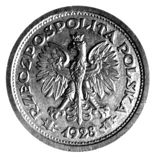 1 złoty 1928, znak mennicy warszawskiej na awersie, wybita stemplem odwróconym, nakład nieznany, brąz, 8,40g, moneta dotychczas nienotowana w literaturze, patyna, ogromna rzadkość.
