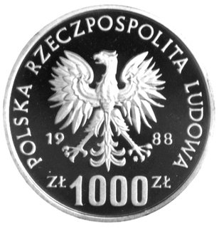 1.000 złotych 1988, Warszawa, Jadwiga, Parchimowicz P-495a, wybito 2.500 sztuk, srebro, rzadko występuje w handlu.