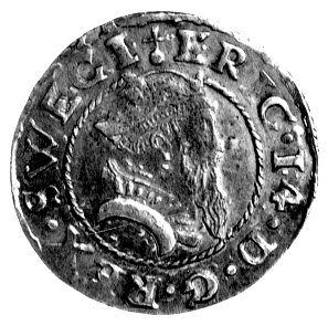 ferding 1561, Rewal, popiersie Eryka XIV, na rewersie tarcza herbowa z koroną, nienotowany przez Ahlströma wariant napisowy typu 1a MONE NOVA REVALI 61, piękny stan zachowania, rzadkość, Ahlström 6.