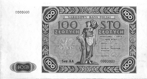 100 złotych 1948, Seria AA 0000000, /druk w kolorze niebieskim/, Pick -.