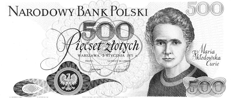 500 złotych 2.01.1971, Maria Skłodowska - Curie, /druki jednostronne strony głównej i odwrotnej, nie wprowadzonego do obiegu banknotu/.