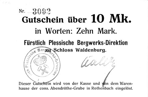 Boguszów - Gorce k/Wałbrzycha, 10 marek bez daty wydane przez Fürstlische Plessische Bergwerks-Direktion zu Schloss Waldenburg, Keller 331.