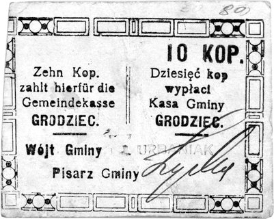 Grodziec bon na 10 kopiejek bez daty wydany przez Gminę, napisy w języku polskim i niemieckim, Jabł. 1062.